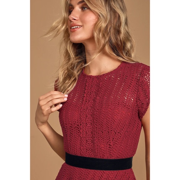 Lulu’s | Twirling It Burgundy Crochet Lace Short Sleeve Skater Dress - Picture 5 of 7